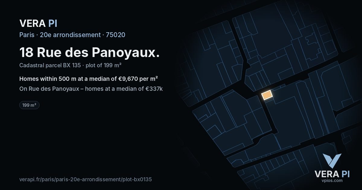 18 Rue des Panoyaux, 20e arrondissement at night – the plot lit, the parcels around coloured by the prices near them