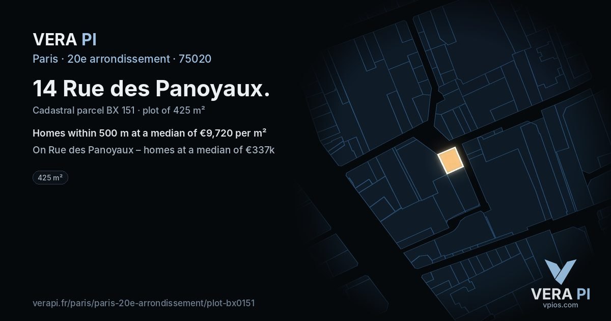 14 Rue des Panoyaux, 20e arrondissement at night – the plot lit, the parcels around coloured by the prices near them