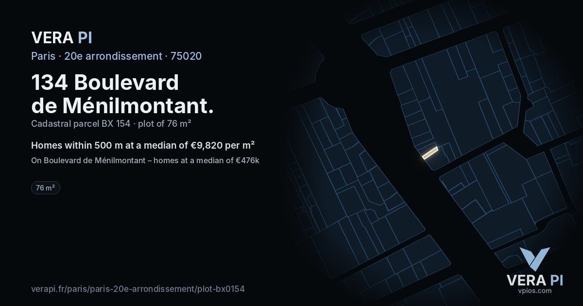134 Boulevard de Ménilmontant, 20e arrondissement at night – the plot lit, the parcels around coloured by the prices near them
