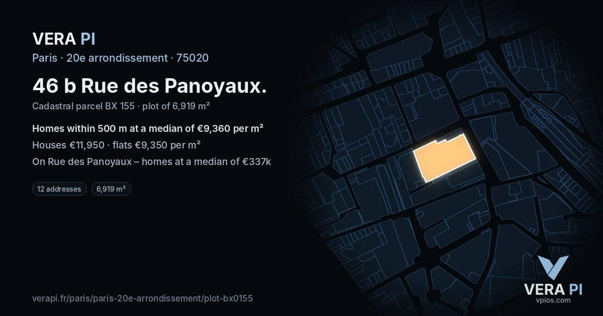 46 b Rue des Panoyaux, 20e arrondissement at night – the plot lit, the parcels around coloured by the prices near them