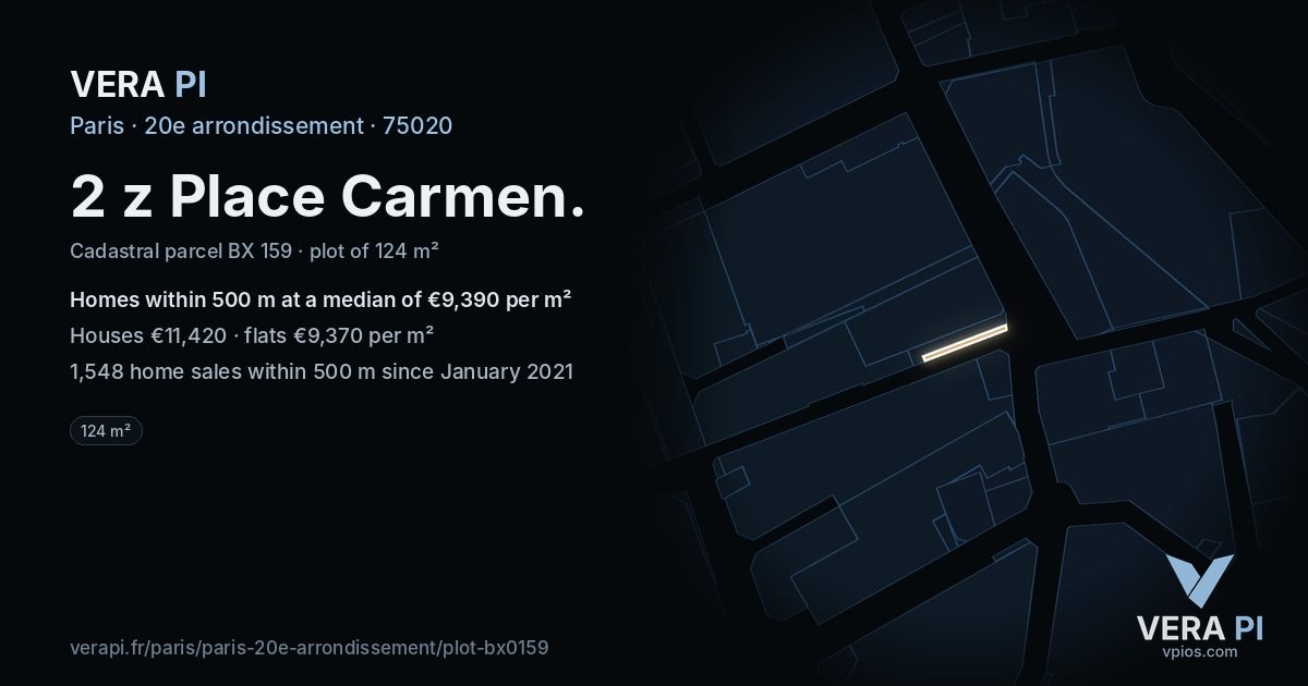 2 z Place Carmen, 20e arrondissement at night – the plot lit, the parcels around coloured by the prices near them