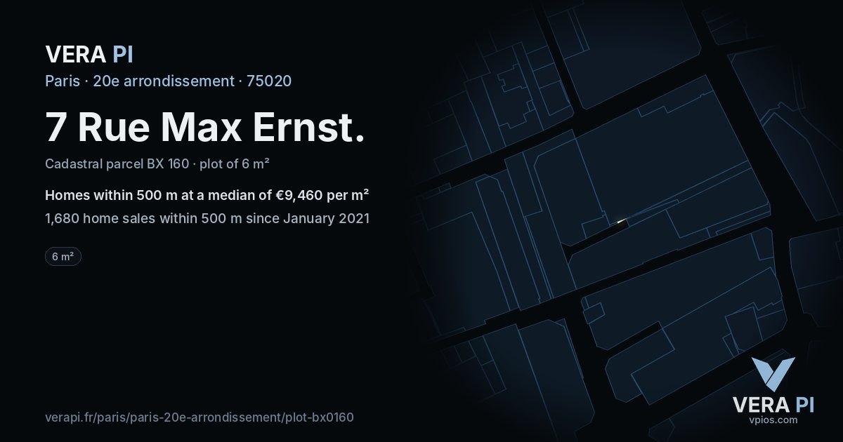 7 Rue Max Ernst, 20e arrondissement at night – the plot lit, the parcels around coloured by the prices near them