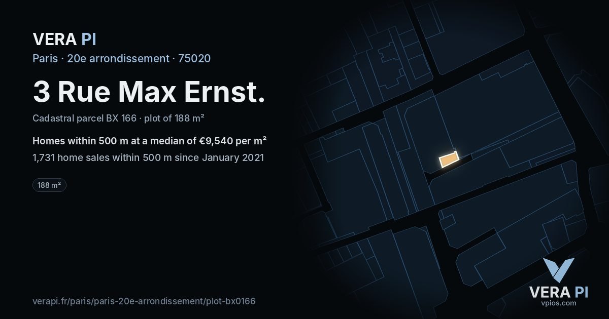3 Rue Max Ernst, 20e arrondissement at night – the plot lit, the parcels around coloured by the prices near them