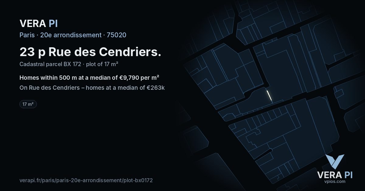 23 p Rue des Cendriers, 20e arrondissement at night – the plot lit, the parcels around coloured by the prices near them