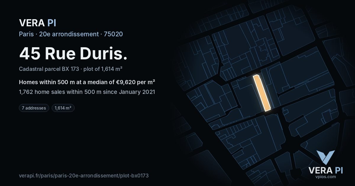 45 Rue Duris, 20e arrondissement at night – the plot lit, the parcels around coloured by the prices near them
