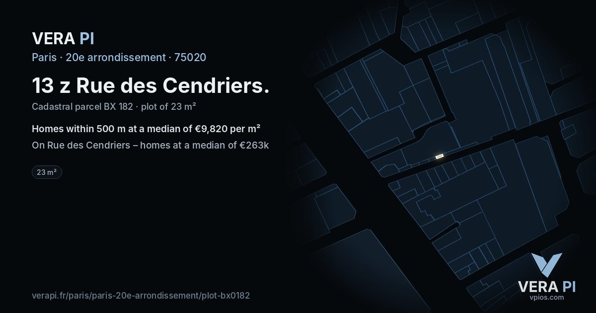 13 z Rue des Cendriers, 20e arrondissement at night – the plot lit, the parcels around coloured by the prices near them