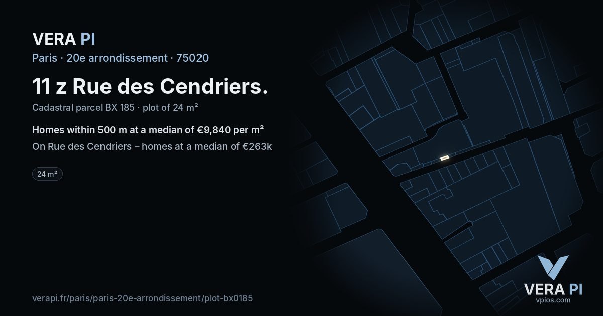 11 z Rue des Cendriers, 20e arrondissement at night – the plot lit, the parcels around coloured by the prices near them