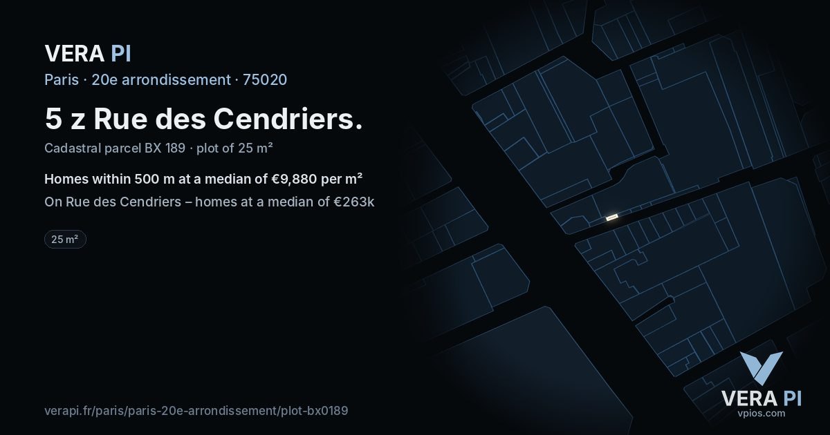 5 z Rue des Cendriers, 20e arrondissement at night – the plot lit, the parcels around coloured by the prices near them