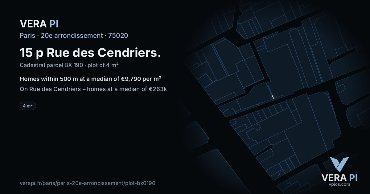 15 p Rue des Cendriers, 20e arrondissement at night – the plot lit, the parcels around coloured by the prices near them