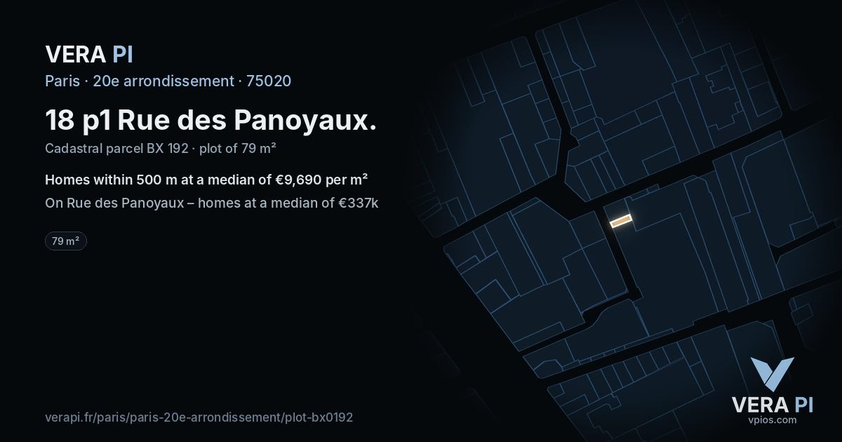 18 p1 Rue des Panoyaux, 20e arrondissement at night – the plot lit, the parcels around coloured by the prices near them