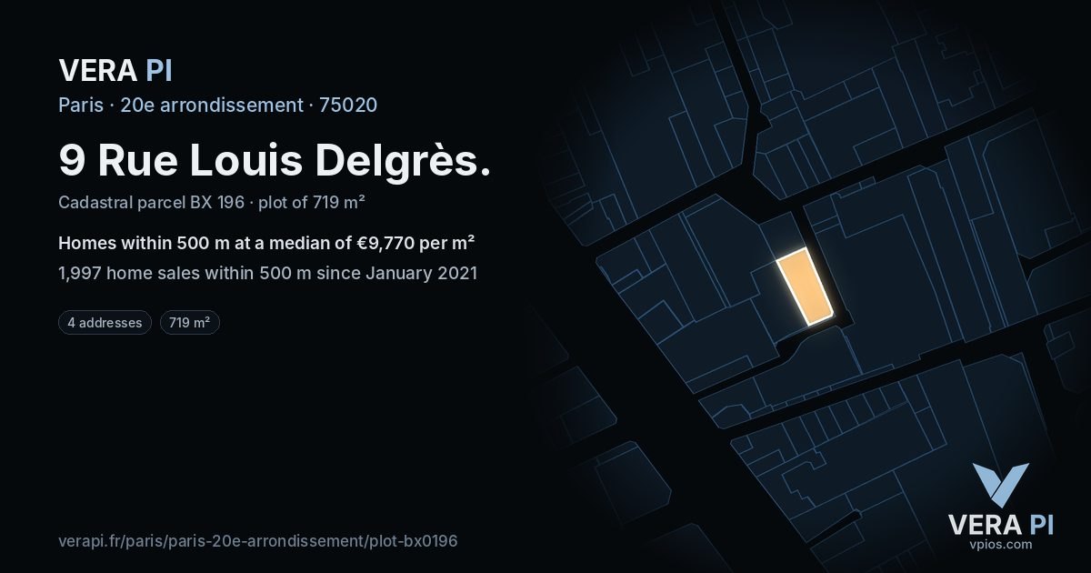9 Rue Louis Delgrès, 20e arrondissement at night – the plot lit, the parcels around coloured by the prices near them