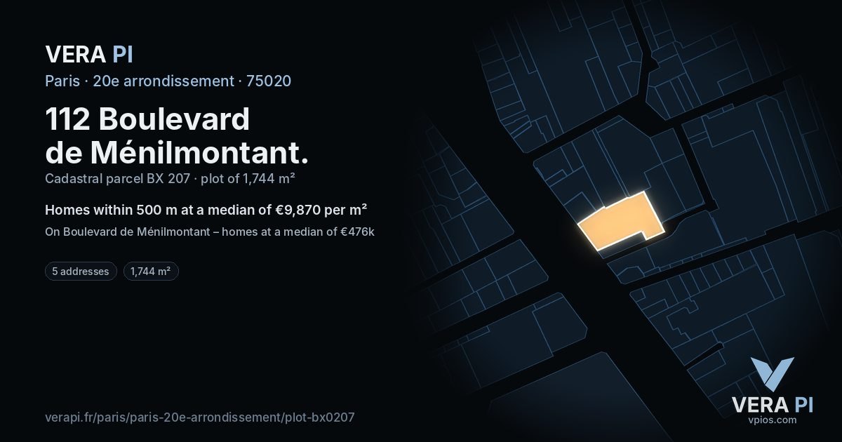 112 Boulevard de Ménilmontant, 20e arrondissement at night – the plot lit, the parcels around coloured by the prices near them