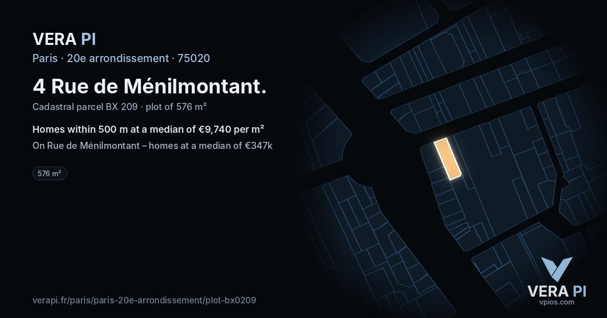 4 Rue de Ménilmontant, 20e arrondissement at night – the plot lit, the parcels around coloured by the prices near them