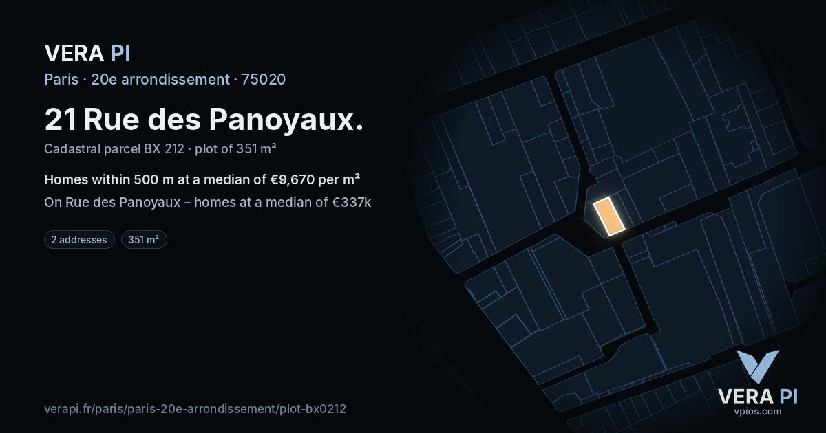 21 Rue des Panoyaux, 20e arrondissement at night – the plot lit, the parcels around coloured by the prices near them