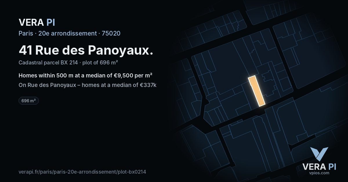 41 Rue des Panoyaux, 20e arrondissement at night – the plot lit, the parcels around coloured by the prices near them