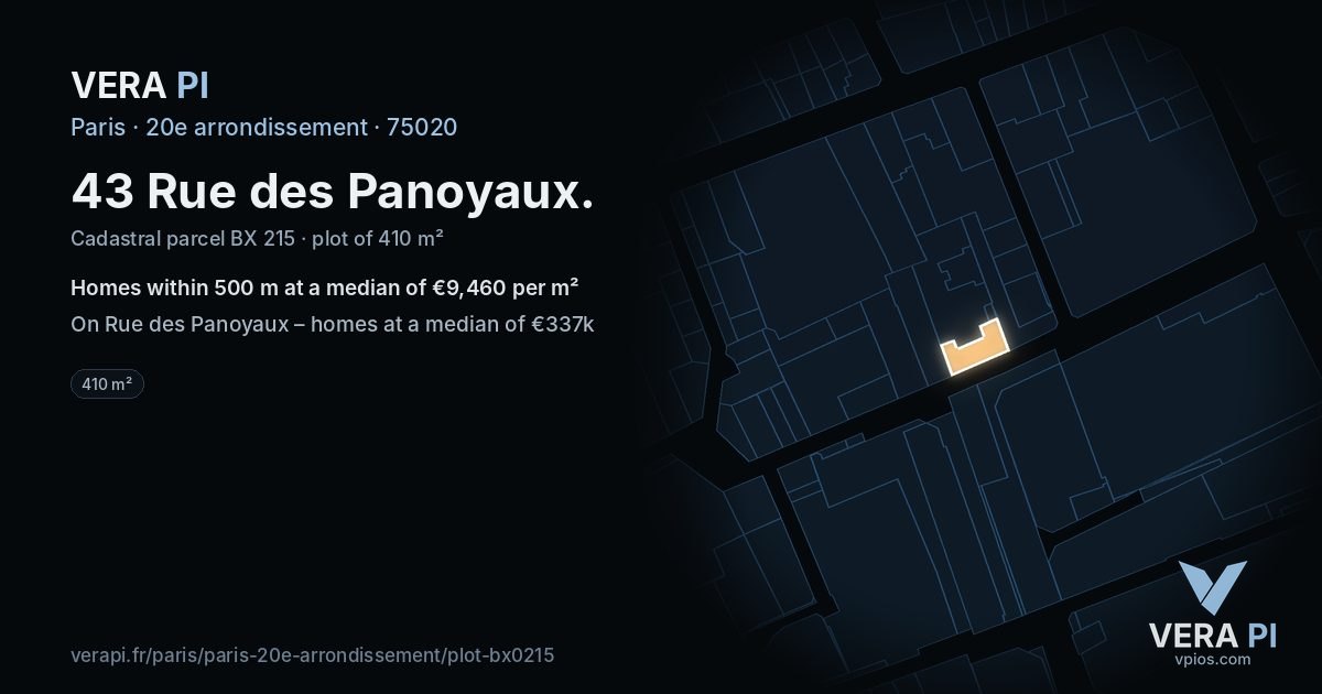43 Rue des Panoyaux, 20e arrondissement at night – the plot lit, the parcels around coloured by the prices near them