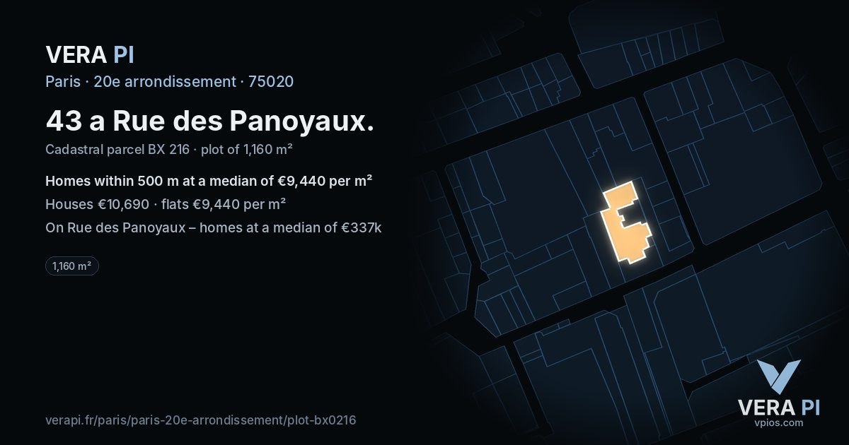 43 a Rue des Panoyaux, 20e arrondissement at night – the plot lit, the parcels around coloured by the prices near them
