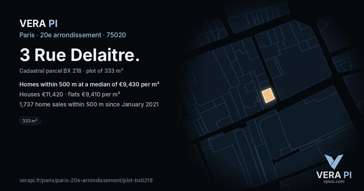3 Rue Delaitre, 20e arrondissement at night – the plot lit, the parcels around coloured by the prices near them