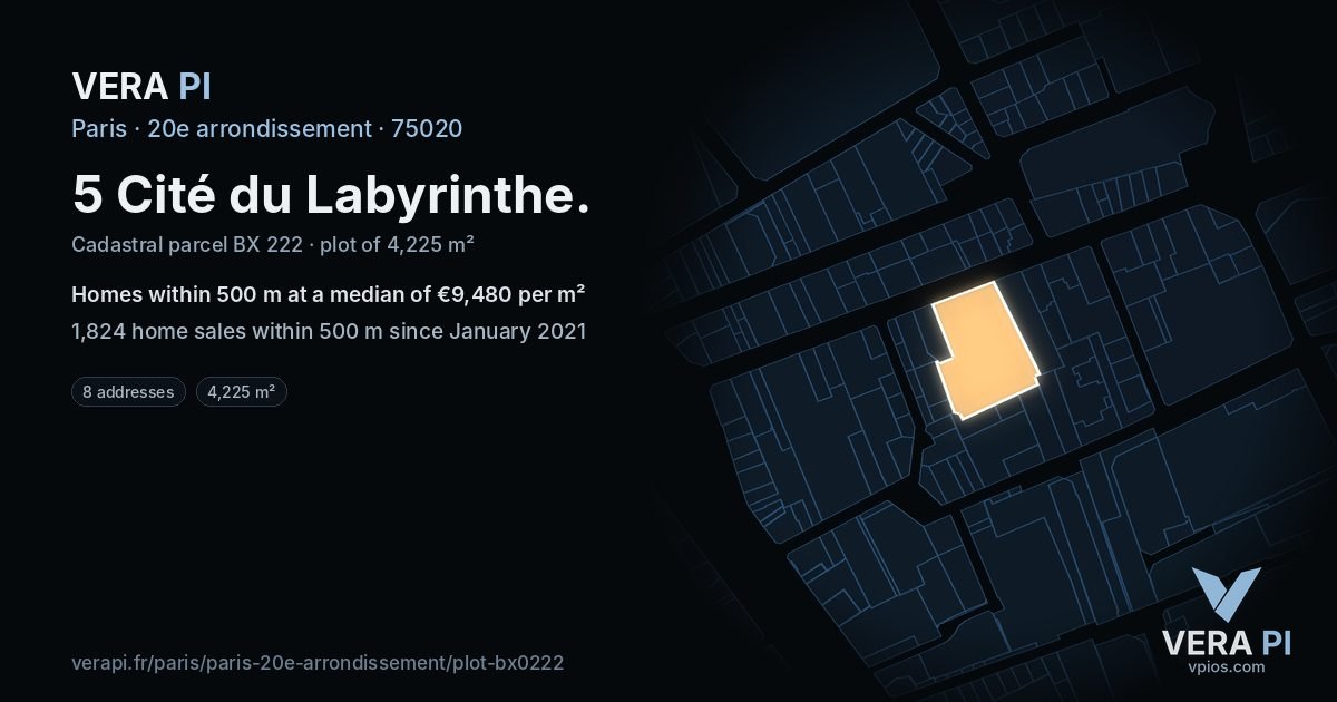 5 Cité du Labyrinthe, 20e arrondissement at night – the plot lit, the parcels around coloured by the prices near them