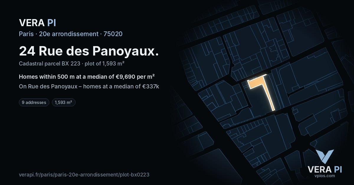 24 Rue des Panoyaux, 20e arrondissement at night – the plot lit, the parcels around coloured by the prices near them