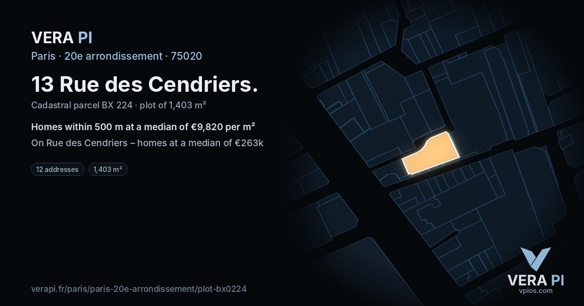 13 Rue des Cendriers, 20e arrondissement at night – the plot lit, the parcels around coloured by the prices near them