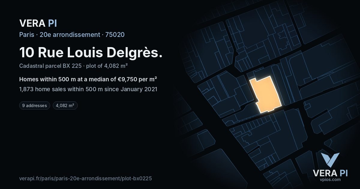 10 Rue Louis Delgrès, 20e arrondissement at night – the plot lit, the parcels around coloured by the prices near them