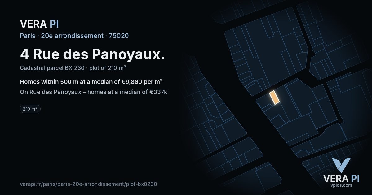 4 Rue des Panoyaux, 20e arrondissement at night – the plot lit, the parcels around coloured by the prices near them