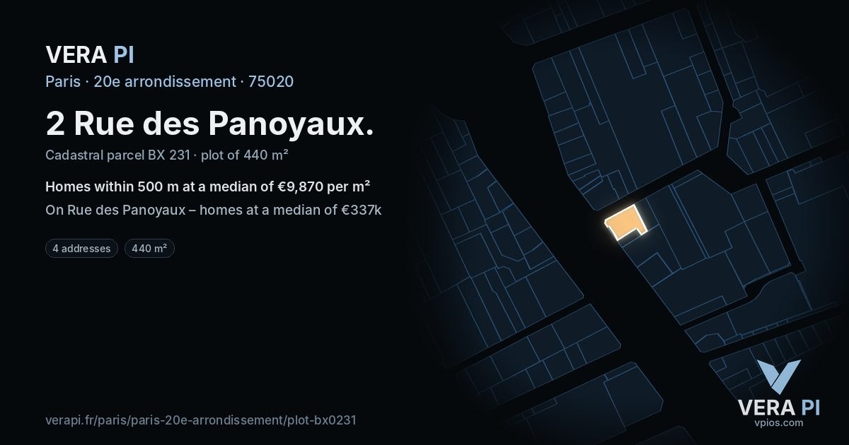 2 Rue des Panoyaux, 20e arrondissement at night – the plot lit, the parcels around coloured by the prices near them