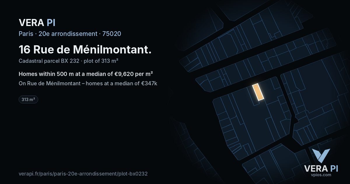 16 Rue de Ménilmontant, 20e arrondissement at night – the plot lit, the parcels around coloured by the prices near them