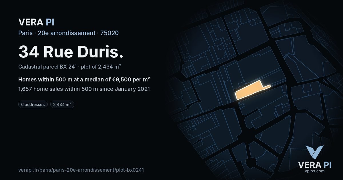34 Rue Duris, 20e arrondissement at night – the plot lit, the parcels around coloured by the prices near them