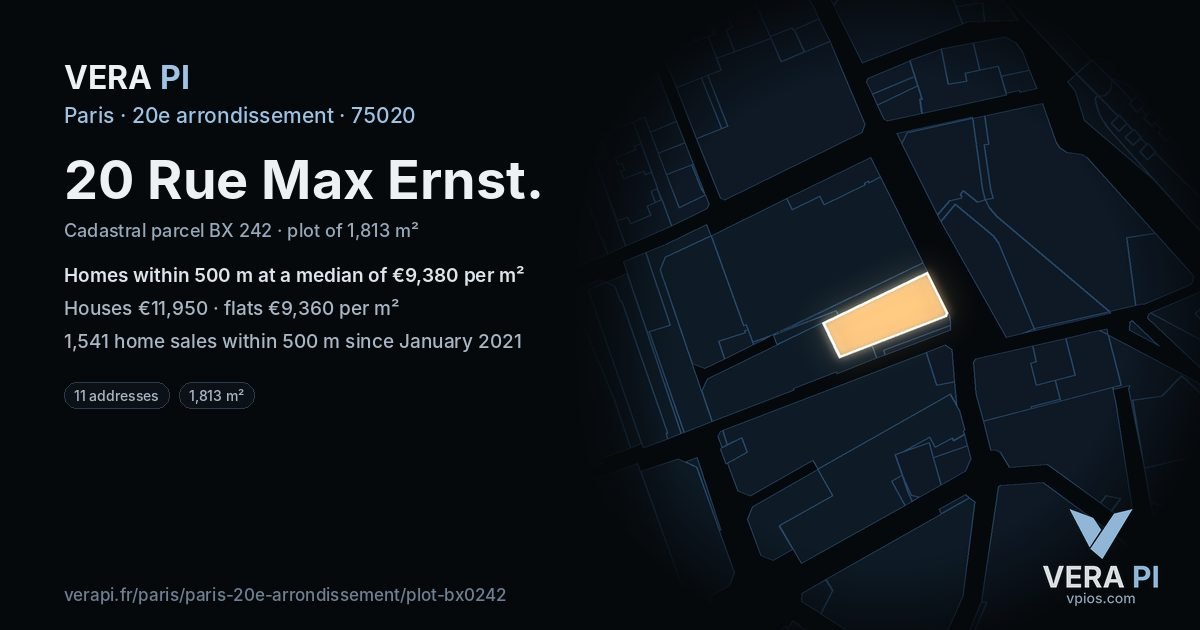 20 Rue Max Ernst, 20e arrondissement at night – the plot lit, the parcels around coloured by the prices near them