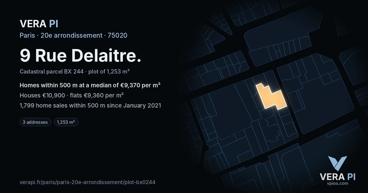 9 Rue Delaitre, 20e arrondissement at night – the plot lit, the parcels around coloured by the prices near them