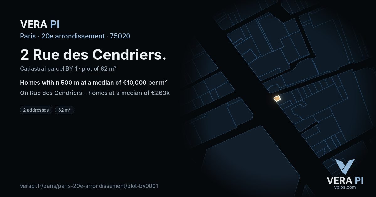 2 Rue des Cendriers, 20e arrondissement at night – the plot lit, the parcels around coloured by the prices near them