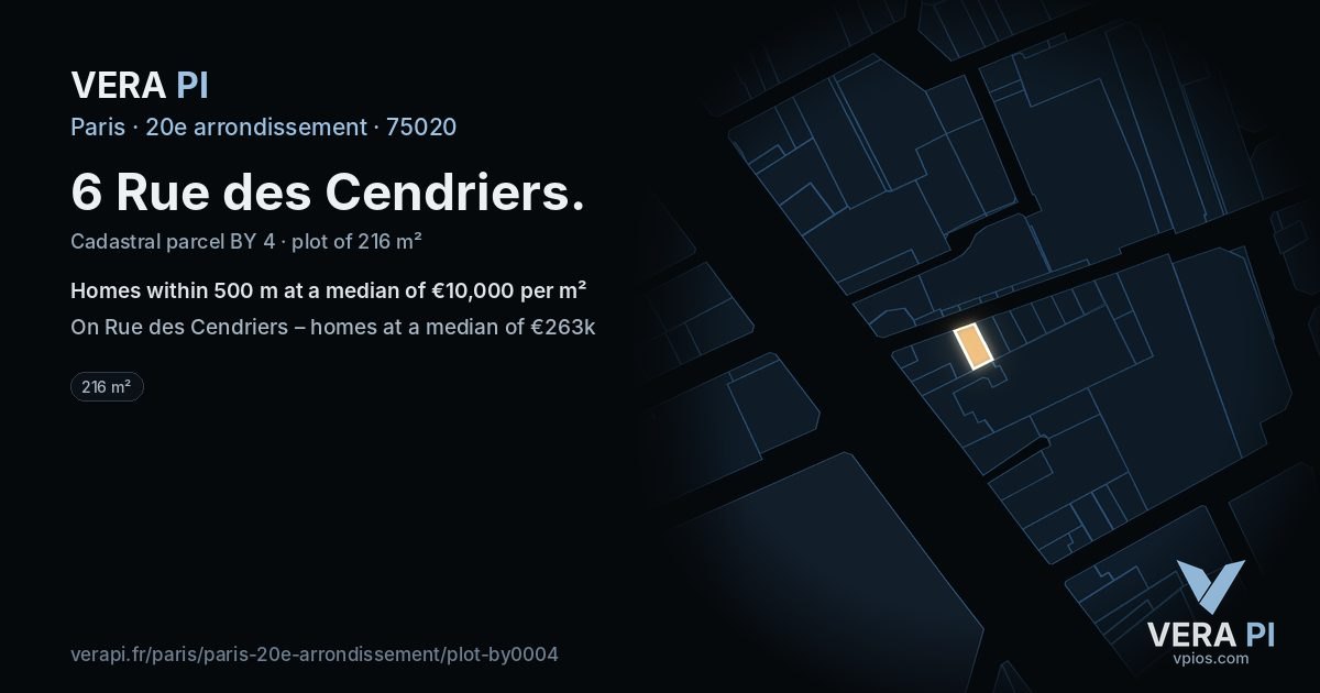 6 Rue des Cendriers, 20e arrondissement at night – the plot lit, the parcels around coloured by the prices near them