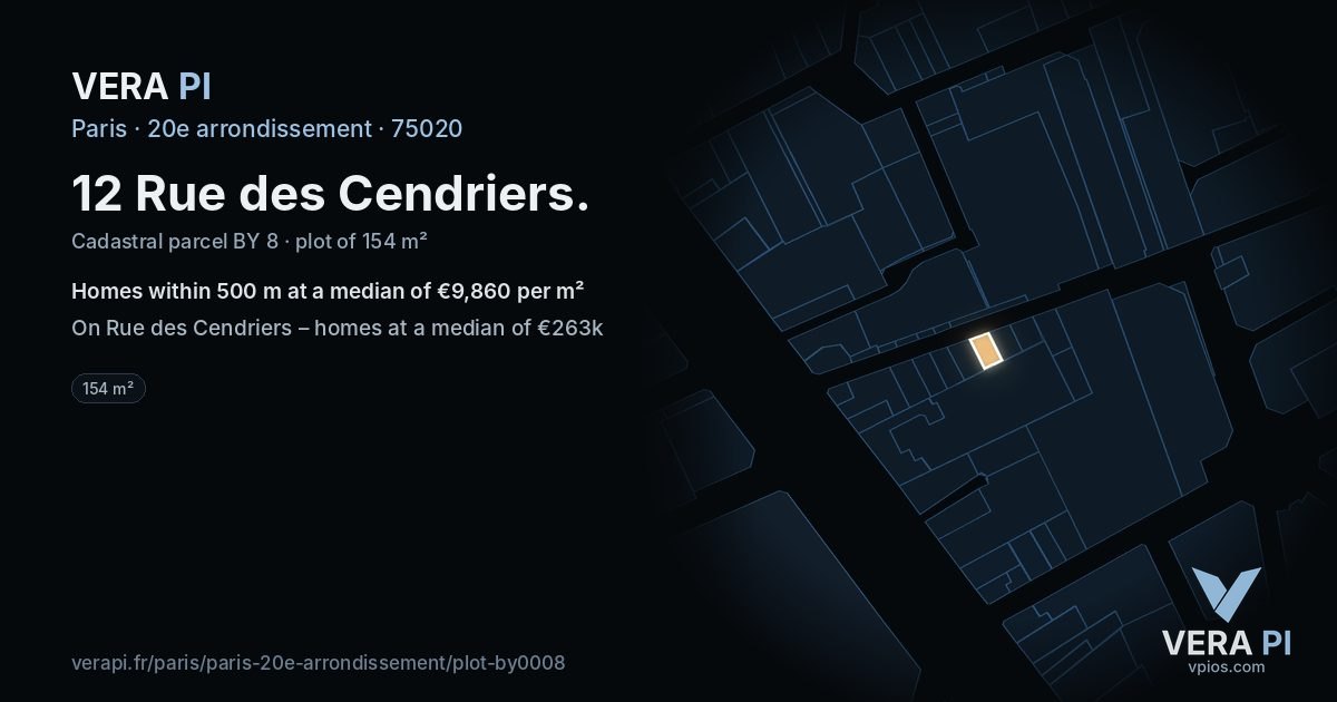 12 Rue des Cendriers, 20e arrondissement at night – the plot lit, the parcels around coloured by the prices near them