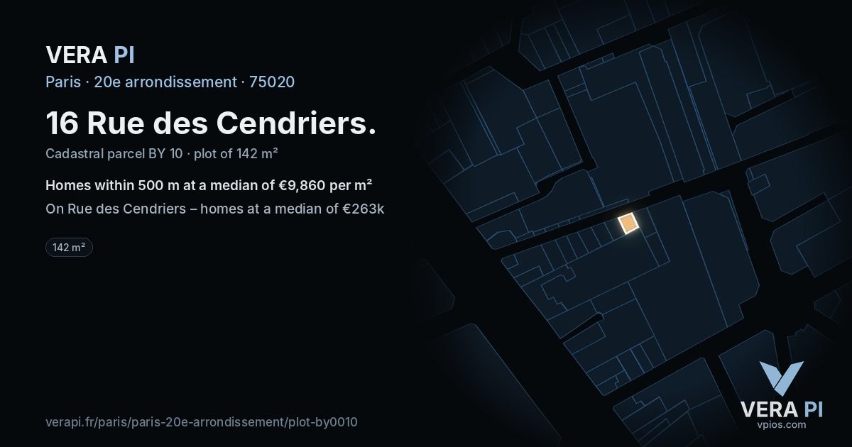 16 Rue des Cendriers, 20e arrondissement at night – the plot lit, the parcels around coloured by the prices near them