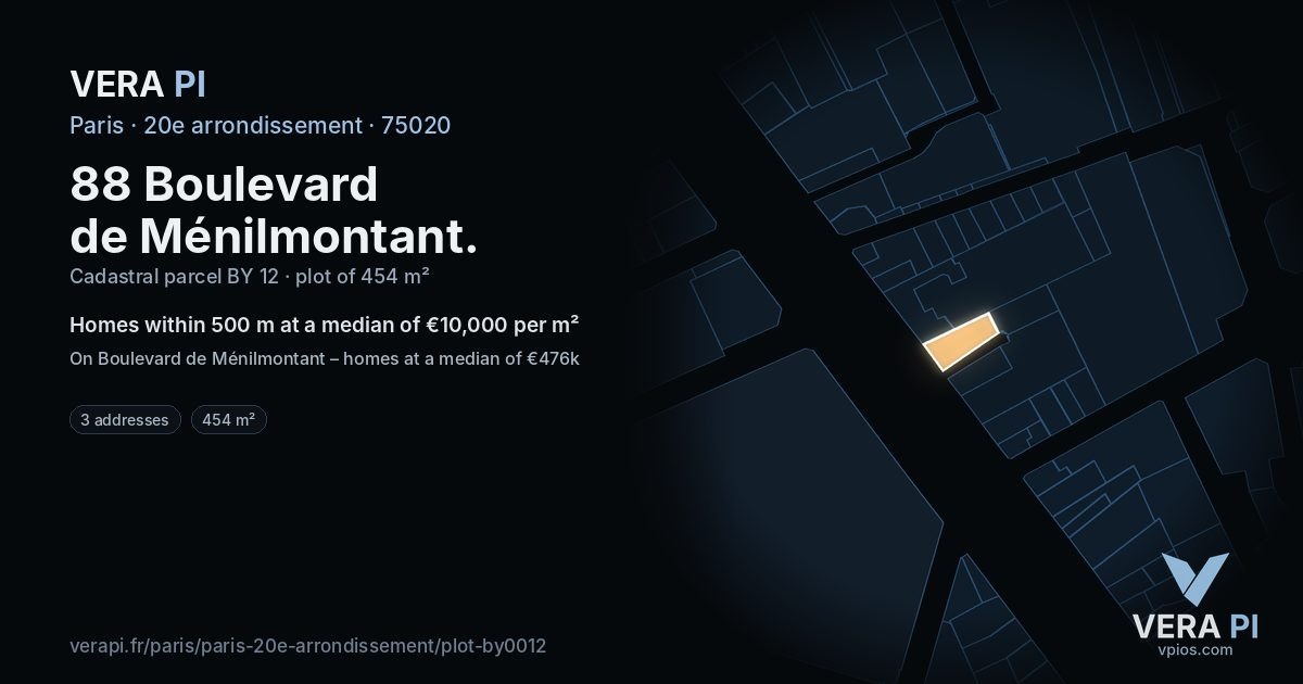 88 Boulevard de Ménilmontant, 20e arrondissement at night – the plot lit, the parcels around coloured by the prices near them