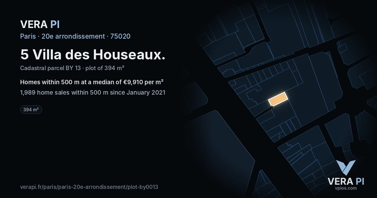 5 Villa des Houseaux, 20e arrondissement at night – the plot lit, the parcels around coloured by the prices near them