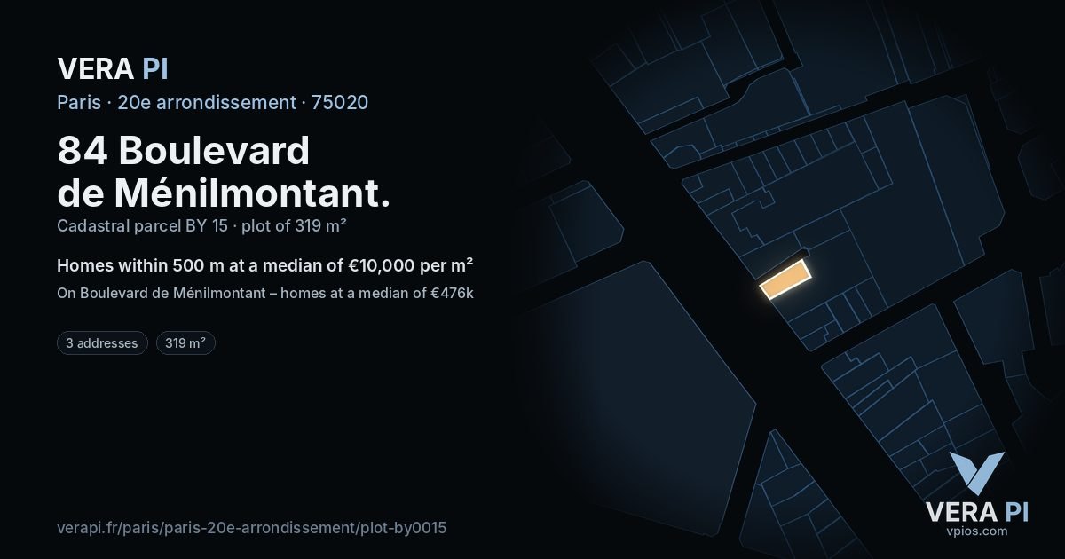 84 Boulevard de Ménilmontant, 20e arrondissement at night – the plot lit, the parcels around coloured by the prices near them