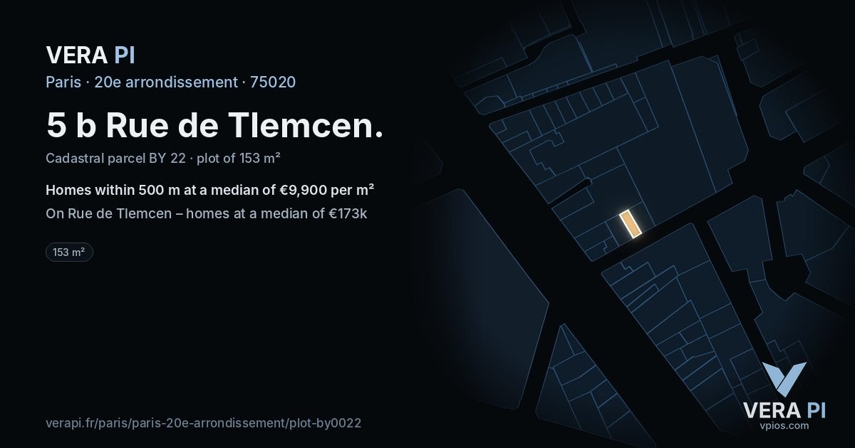 5 b Rue de Tlemcen, 20e arrondissement at night – the plot lit, the parcels around coloured by the prices near them