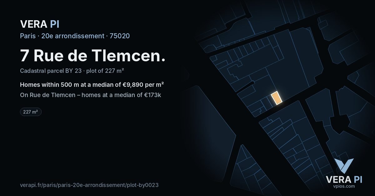 7 Rue de Tlemcen, 20e arrondissement at night – the plot lit, the parcels around coloured by the prices near them