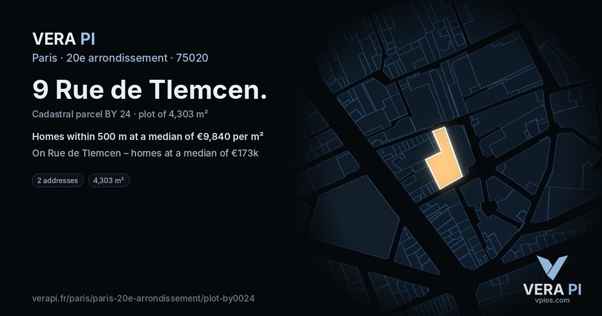 9 Rue de Tlemcen, 20e arrondissement at night – the plot lit, the parcels around coloured by the prices near them
