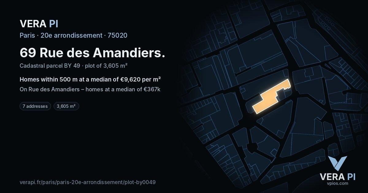 69 Rue des Amandiers, 20e arrondissement at night – the plot lit, the parcels around coloured by the prices near them