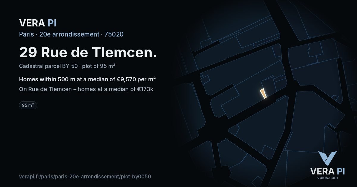29 Rue de Tlemcen, 20e arrondissement at night – the plot lit, the parcels around coloured by the prices near them