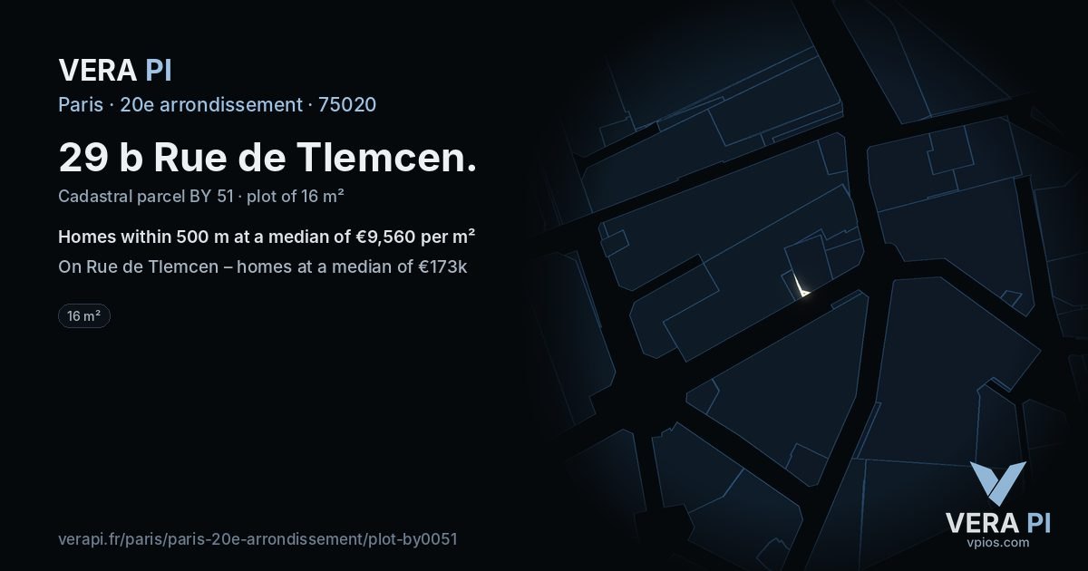 29 b Rue de Tlemcen, 20e arrondissement at night – the plot lit, the parcels around coloured by the prices near them