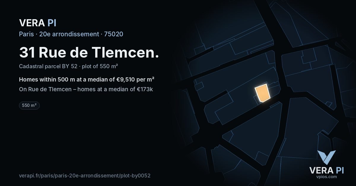 31 Rue de Tlemcen, 20e arrondissement at night – the plot lit, the parcels around coloured by the prices near them