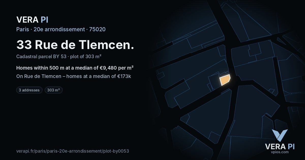 33 Rue de Tlemcen, 20e arrondissement at night – the plot lit, the parcels around coloured by the prices near them