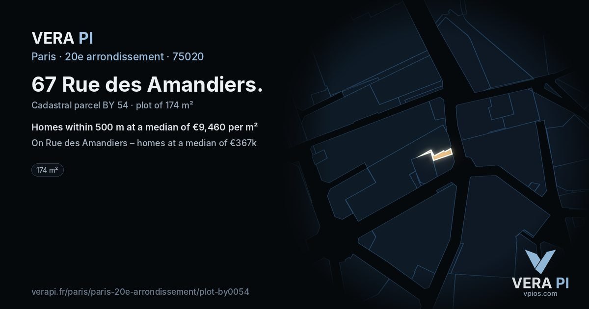 67 Rue des Amandiers, 20e arrondissement at night – the plot lit, the parcels around coloured by the prices near them