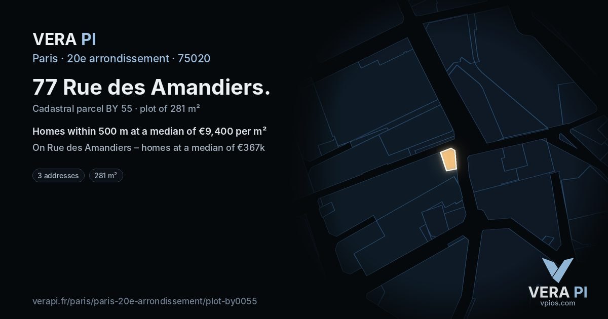 77 Rue des Amandiers, 20e arrondissement at night – the plot lit, the parcels around coloured by the prices near them
