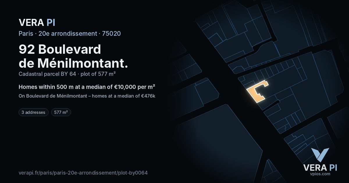 92 Boulevard de Ménilmontant, 20e arrondissement at night – the plot lit, the parcels around coloured by the prices near them